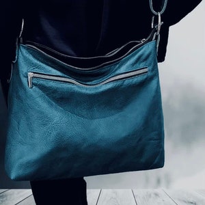 Soft Teal Leather Crossbody Bag, Soft leather, 3 sizes, Lining options, pockets, zipper closure, butter soft teal leather