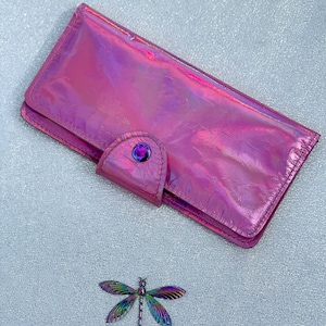 Pink Holographic Iridescent Leather Wallet Purse or wristlet, holds cards and iPhone, zipper pocket, holo, genuine leather gift, purse