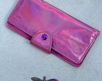 Pink Holographic Iridescent Leather Wallet Purse or wristlet, holds cards and iPhone, zipper pocket, holo, genuine leather gift, purse