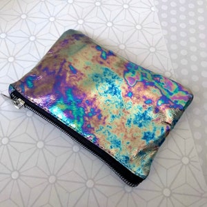 Metallic Oil slick Leather Zipper Purse, coin purse, gift idea, coin purse with zipper, metallic purse, Petrol leather, Italian leather