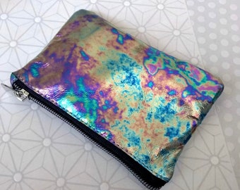 Metallic Leather Zipper Coin Purse, Rainbow Petrol Oil Spill Italian Leather, Handmade