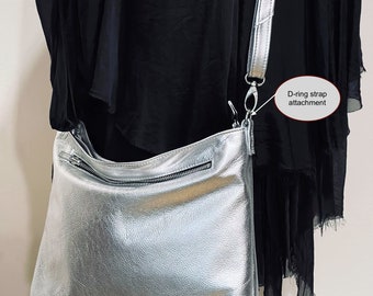 Metallic Silver Crossbody Bag, Lining Options, Zipper