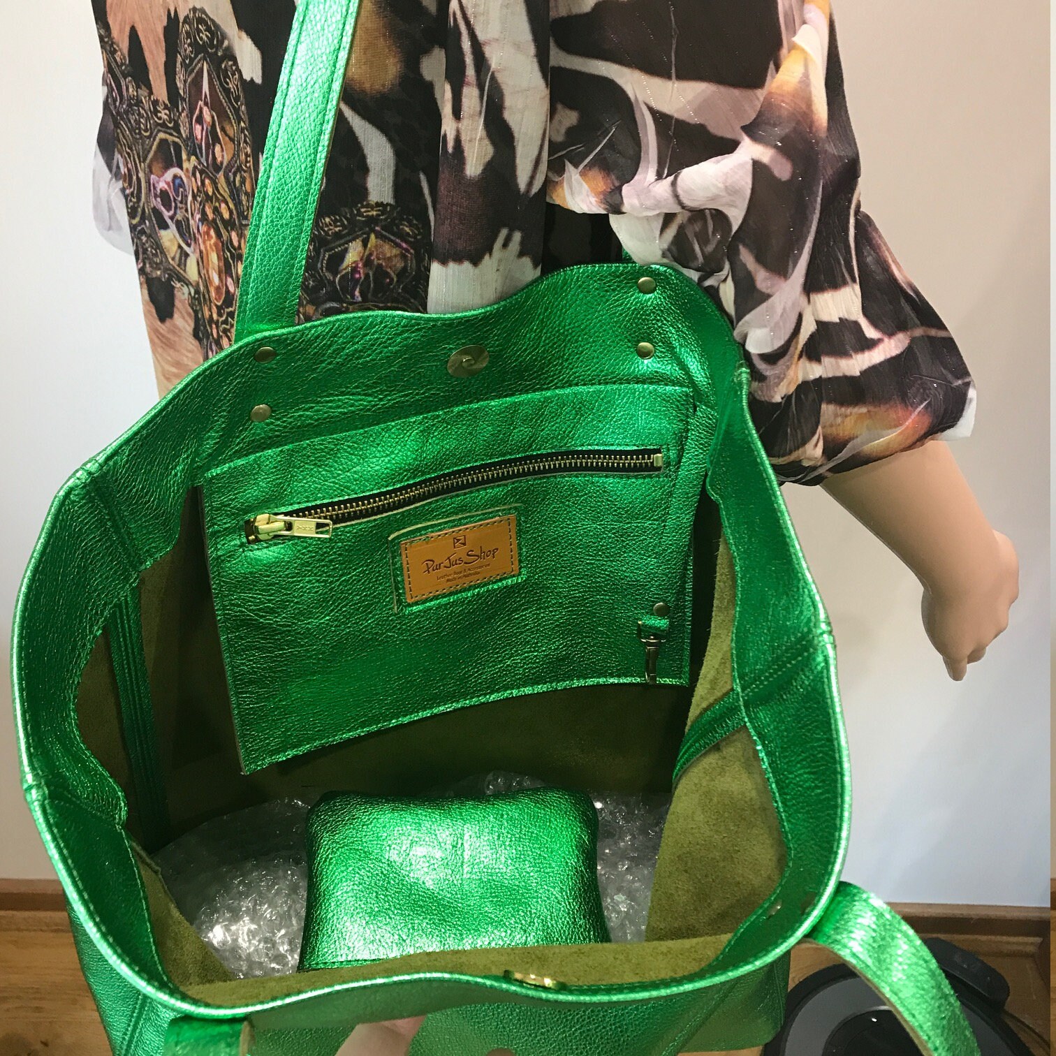 Emerald Green Metallic Leather Tote, Inside Zipper Leather