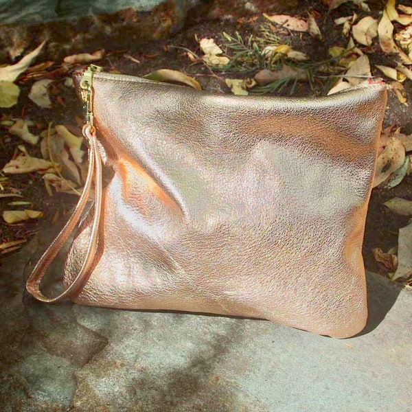 Peach Fuzz leather Wristlet, softest rose gold leather, Ladies gift idea, metallic clutch, rose gold accessory, 2 sizes, lining options