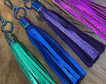 Leather tassel, quality strong hardware, polished brass or silver hardware, keyring tassel, clasp for inside bag