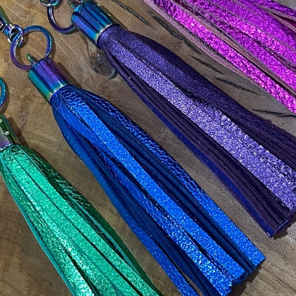 Leather tassel, quality strong hardware, polished brass or silver hardware, keyring tassel, clasp for inside bag