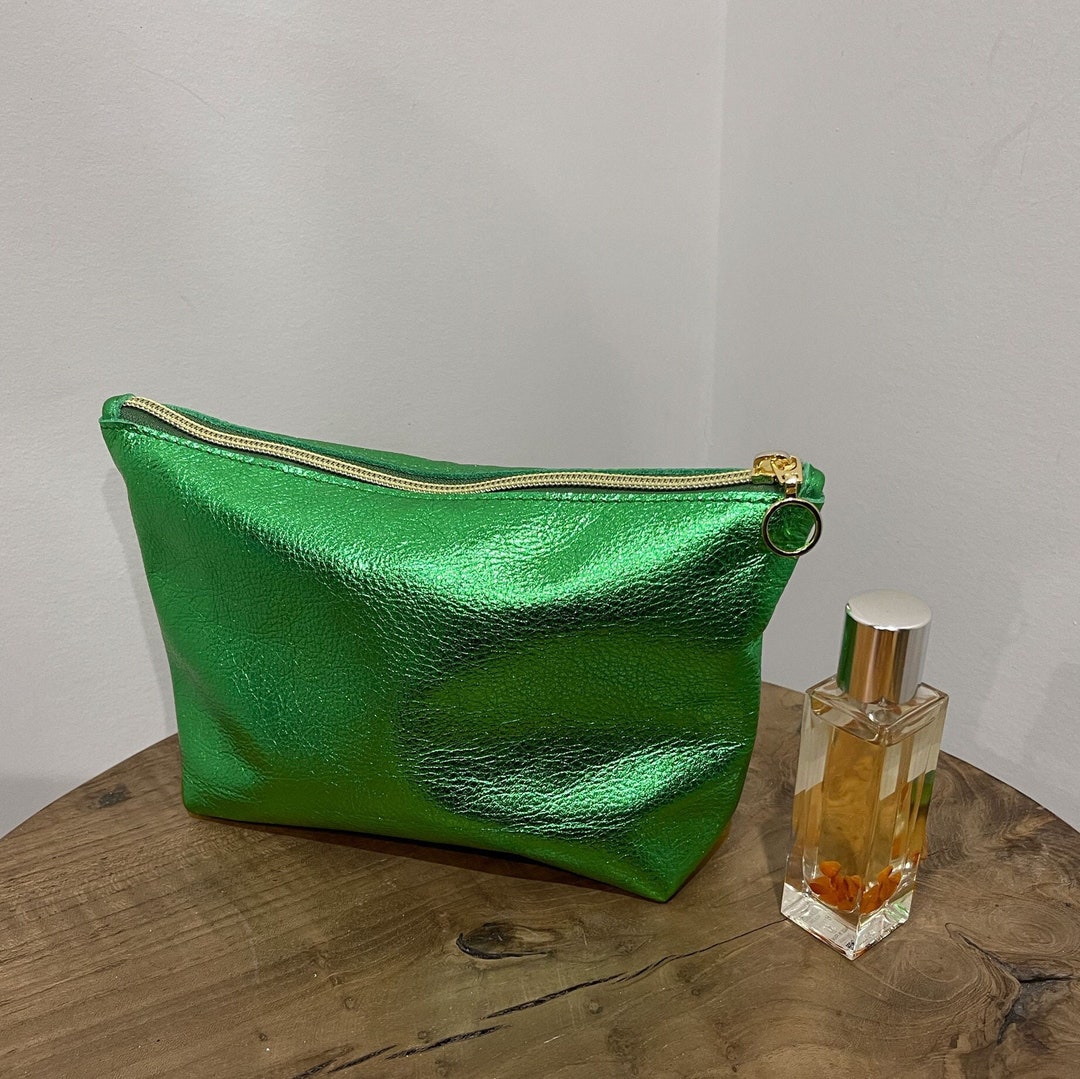 Metallic Green Makeup Bag, Metallic Leather Green Gift Idea, Makeup