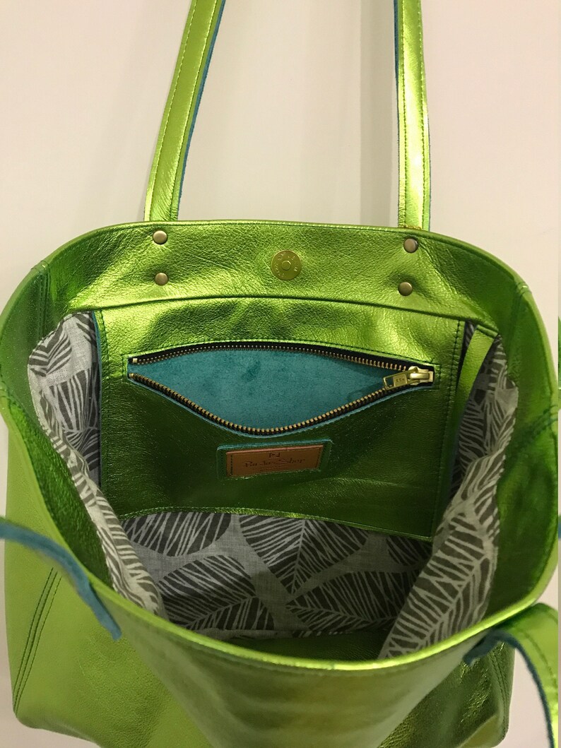 Lime Green Leather Tote Leather Zipper Pocket & Purse 2 Etsy