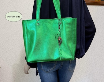 Emerald Green Metallic Leather Tote, inside zipper leather pocket, removable leather purse, Soft relaxed leather, 2 sizes, lining option