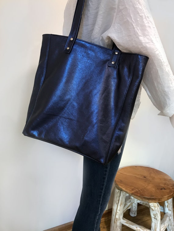 SOLD Navy Shearling and Patent Leather Luxe Tote