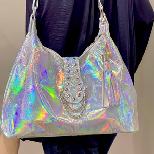 Holographic Leather Hobo, 2 sizes, hardware options, adjustable strap, rivets and chain feature, Italian premium leather, lining options