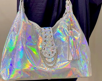 Holographic Leather Hobo, 2 sizes, hardware options, adjustable strap, rivets and chain feature, Italian premium leather, lining options