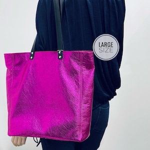Fuchsia Pink Metallic Leder Tote, Innentasche mit Reißverschluss, Leder Geldbörse, Weiche, entspannte Ledertasche, Premium Leder, 2 Größen