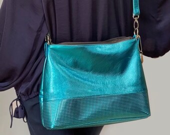 Metallic Turquoise leather bag, stud embossed leather, adjustable Crossbody, easy slide zippers, lining options, slip and zip pockets