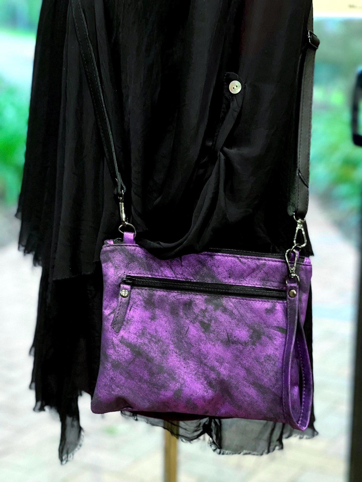 Purple Vintaged Metallic Leather Clutch Wristlet Shoulder Bag, Buffed Italian Leather Purse, Handmade