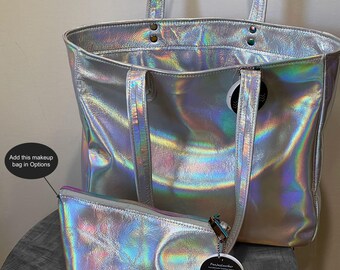 ホログラフィックレザートートバッグ、玉虫色、ファスナーポケット