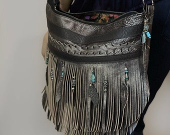 Hammered Silver Double Fringe Leather Bag, shoulder crossbody boho braided leather, double fringe, easy zip close, zip and slip pockets