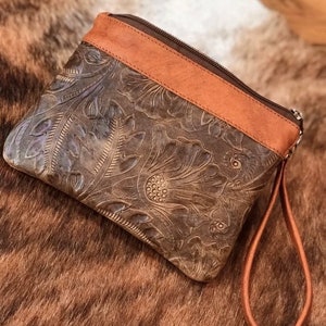 Carved Leather Wristlet, Australian western floral embossed, Handmade Leather Gift idea, anniversary gift, mothers day, Australian gift image 2