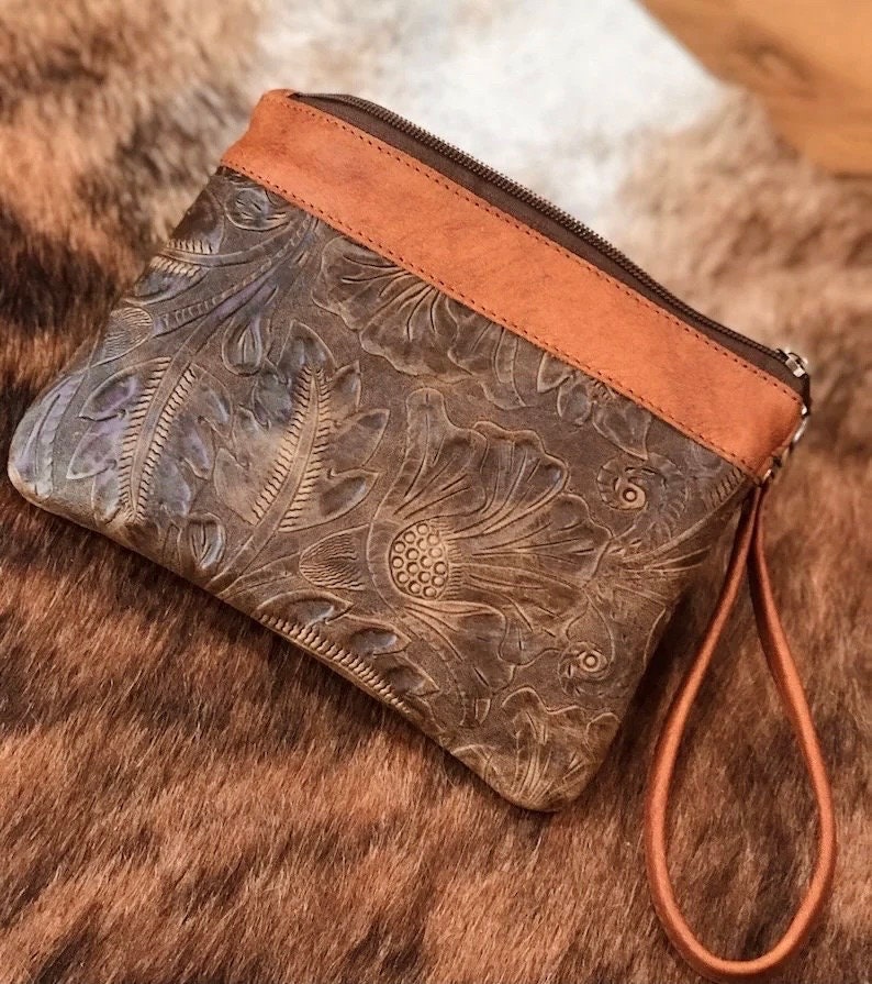 Carved Leather Wristlet, Australian western floral embossed, Handmade Leather Gift idea, anniversary gift, mothers day, Australian gift image 2