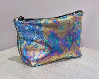 Oil slick Leather makeup purse, soft leather gift, lined, cotton lining, cosmetic bag, size options, anniversary gift metallic leather