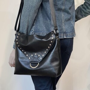 Handmade Black Leather Crossbody Bag, Studded Flap, Adjustable Strap, antique brass or silver bild 4