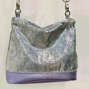 Iridescent Holographic silver crossbody bag, small lined purse, pocket, zipper closure, soft leather, removable adjustable strap image 2