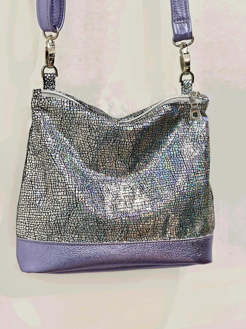 Iridescent Holographic silver crossbody bag, small lined purse, pocket, zipper closure, soft leather, removable adjustable strap image 2