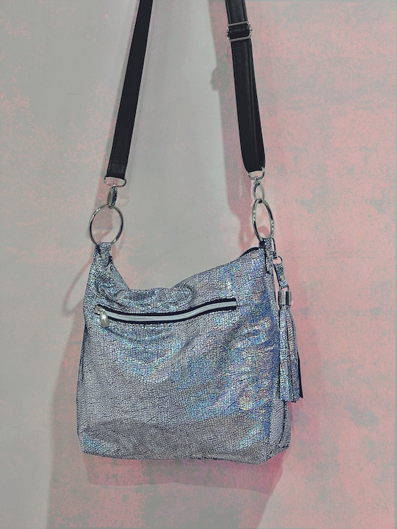 Holographic Silver Iridescent Crossbody Bag Lining Options Zipper Pockets Premium Soft Leather Removable Adjustable Strap 2 Sizes Etsy Canada