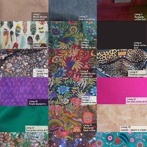 May include: A grid of eighteen fabric swatches displaying various patterns and colors including mocha, blue chambray, burgundy, boho feathers, floral prints on teal, grey, deep pink, and navy, leopard print, purple geometric, hot pink, teal, and cosmos.