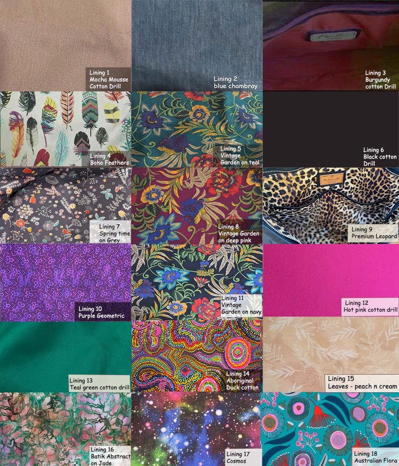 May include: A grid of eighteen fabric swatches displaying various patterns and colors including mocha, blue chambray, burgundy, boho feathers, floral prints on teal, grey, deep pink, and navy, leopard print, purple geometric, hot pink, teal, and cosmos.