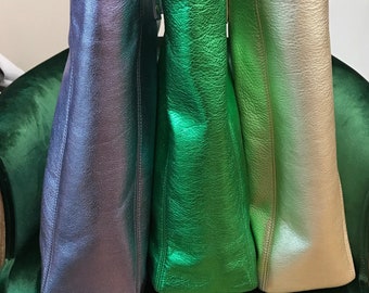 Emerald Green Metallic Leather Tote Inside Zipper Leather 