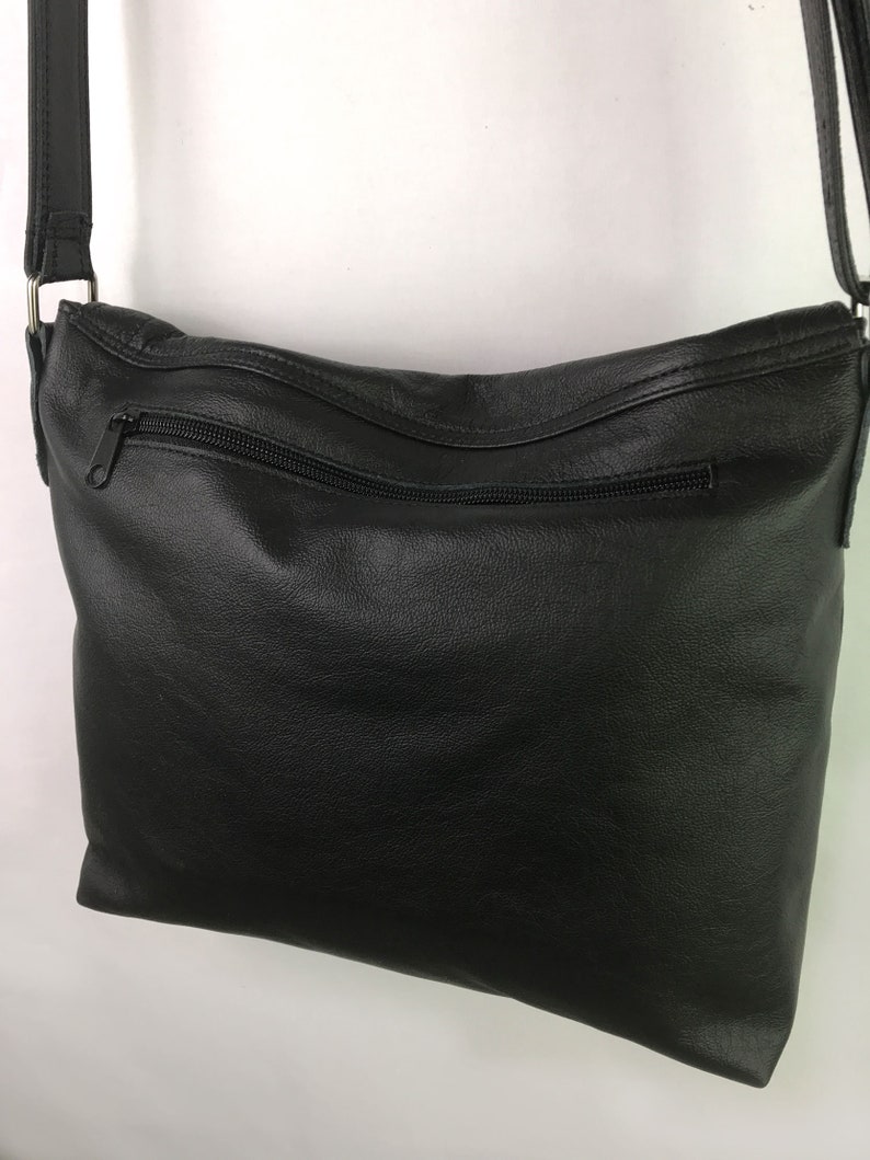 Handmade Black Leather Crossbody Bag, Studded Flap, Adjustable Strap, antique brass or silver bild 7