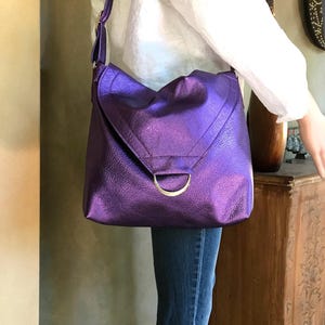 Metallic Purple Leather Shoulder bag, or Crossbody, Adjustable Strap, zipper pocket, lining options, key hook clasp