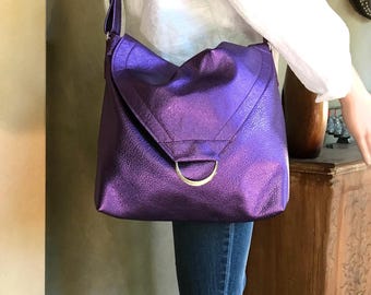 Metallic Purple Leather Shoulder bag, or Crossbody, Adjustable Strap, zipper pocket, lining options, key hook clasp