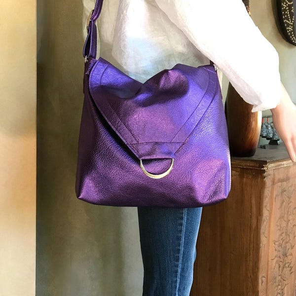 Metallic Purple Leather Shoulder bag, or Crossbody, Adjustable Strap, zipper pocket, lining options, key hook clasp