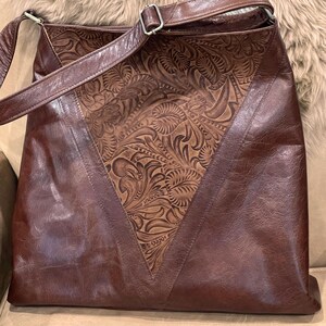 Brown Tooled Leather hobo bag, Embossed Flower Leaf, Adjustable Strap, Key Clasp, Zipper Pocket, Handmade Australia image 4