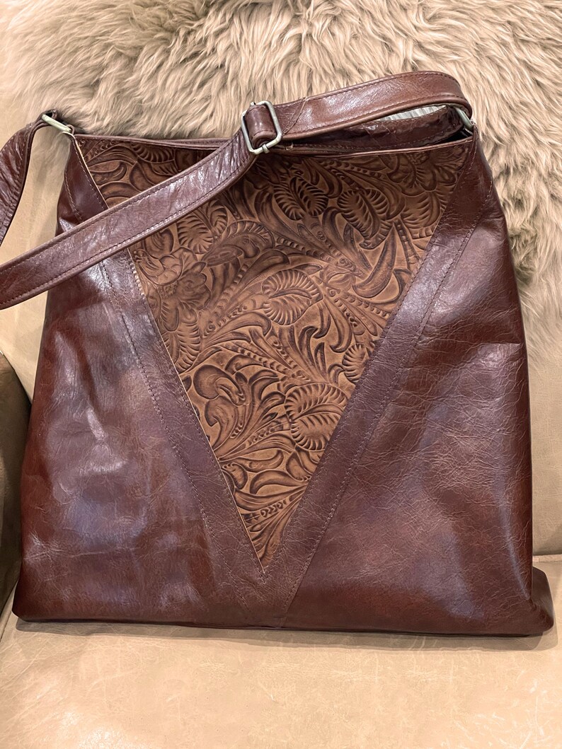 Brown Tooled Leather hobo bag, Embossed Flower Leaf, Adjustable Strap, Key Clasp, Zipper Pocket, Handmade Australia image 4
