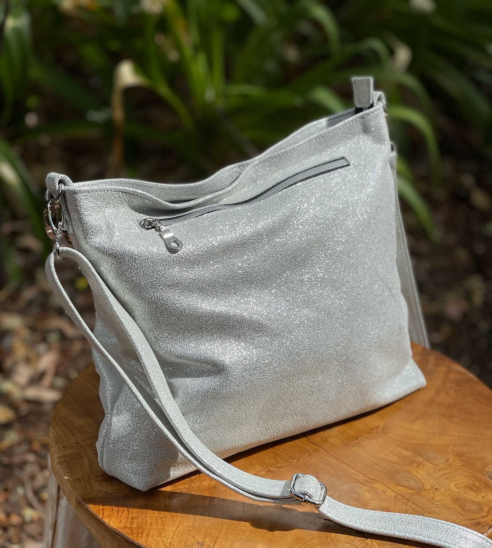 White Silver Crossbody Bag, Soft Metallic Silver and White Leather, Lining  Options, Zipper Pockets, Premium Soft Leather, Adjustable Strap 
