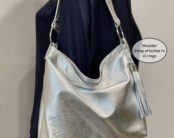 Metallic Silver Crossbody Bag With Zipper Pockets, Soft Leather