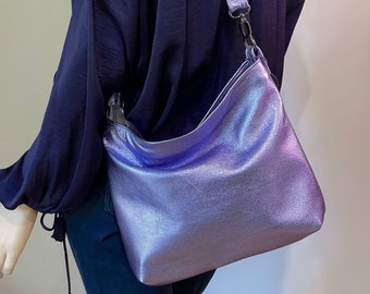 Metallic Lavender Lilac crossbody bag, lined bag, zipper pockets, slip pockets, premium soft metallic leather, hobo bag, hardware options