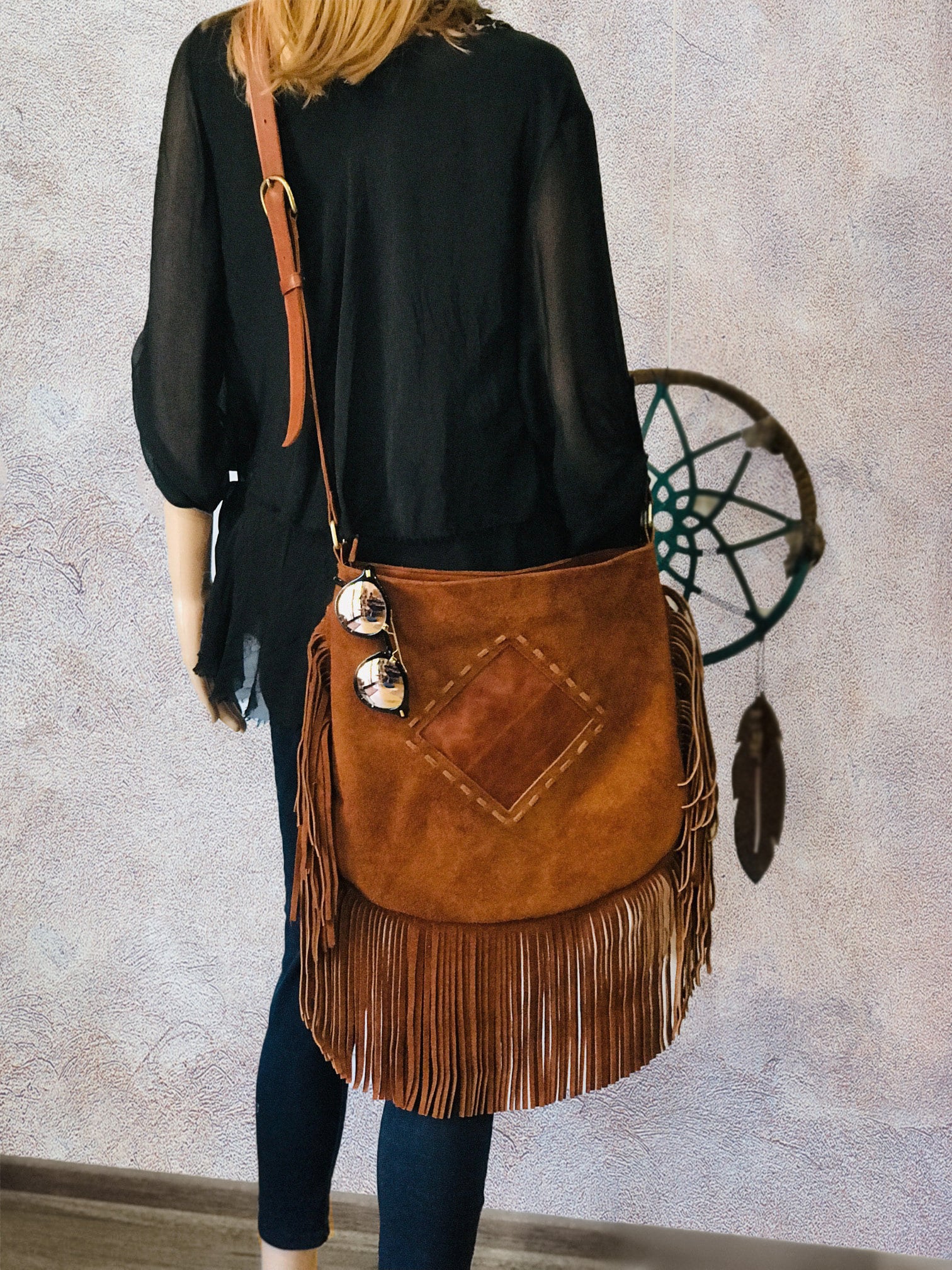 Icon - Crossbody Tote with Boho Fringe, Braided Handle Plain