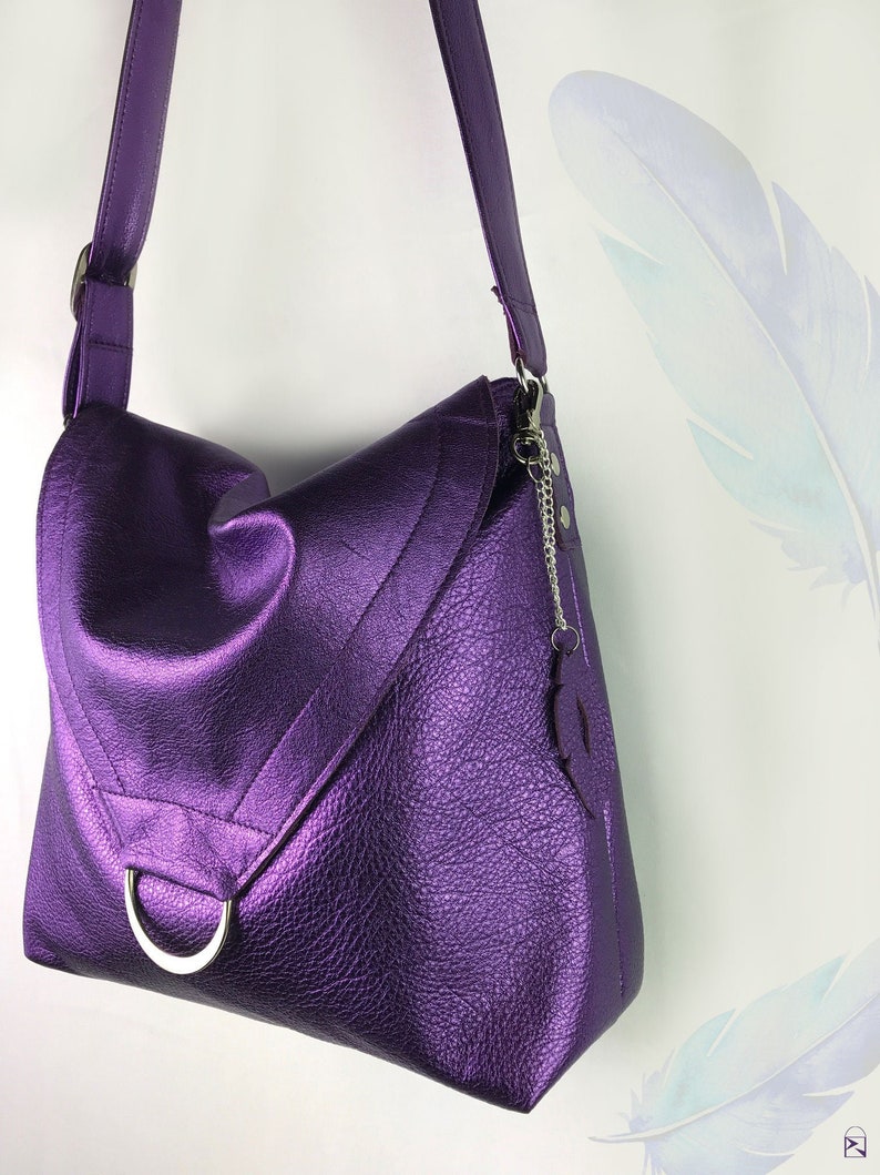 Metallic Purple leather Shoulder bag, or Crossbody, Adjustable Strap, zipper pocket, Lined with pockets, lining options, key hook clasp image 2