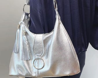 Metallic Silver Italian Leather Hobo Bag, 2 sizes, silver hardware, zipper pocket, slip pockets, chrome, soft premium leather lining options