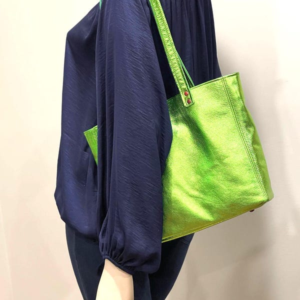 Lime Green Leather Tote, Handmade Citrus Leather Bag, Zipper pocket, Free purse, key clasp, lining options, magnet closure