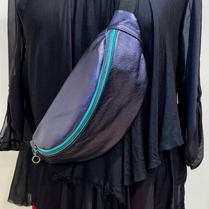 Large bum bag, metallic navy leather sling, Soft Leather crossbody travel bag, back pocket, cycling bag, secure clasp belt, genuine leather