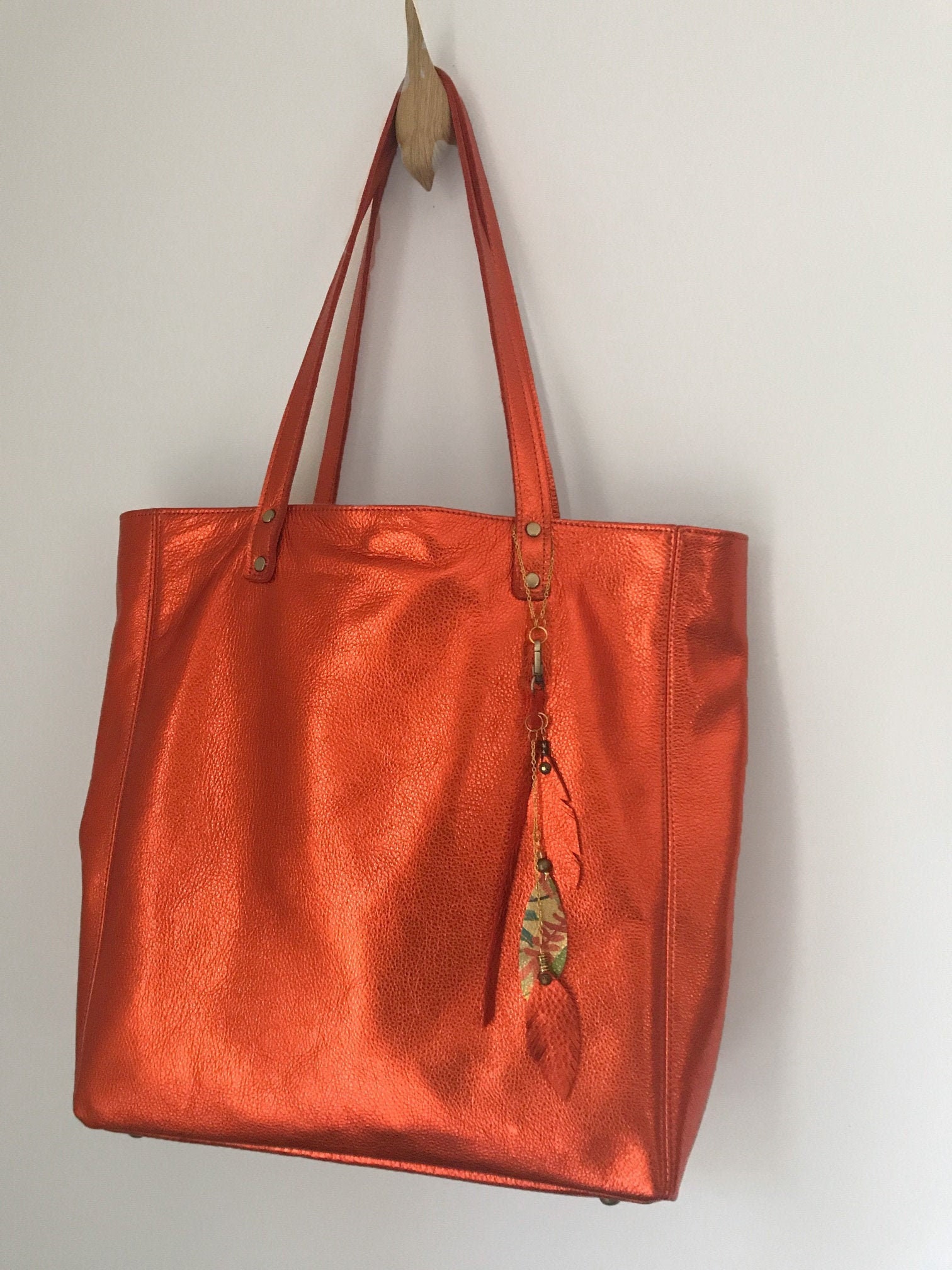 Large Mango Orange Metallic Leather Tote, Inside Zipper Large Mango Orange Metallic Leather Tote, Inside Zipper