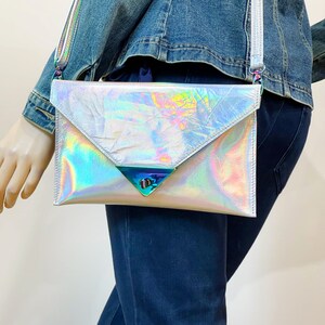 Holographic Clutch Leather crossbody option, wristlet Metallic iridescent gift, clutch purse, metallic, rainbow hardware, card pocket