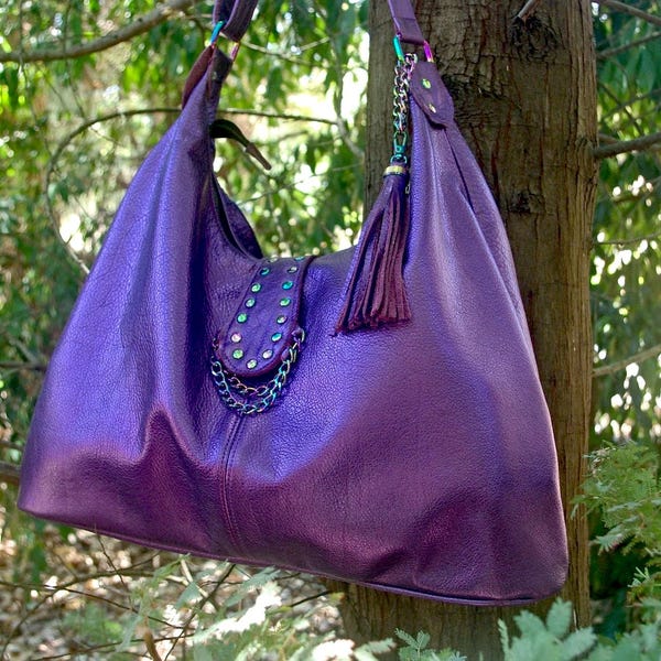 Metallic Purple Leather Hobo with Rainbow hardware, 2 sizes, purple leather Shoulder Bag, soft premium leather with firm base