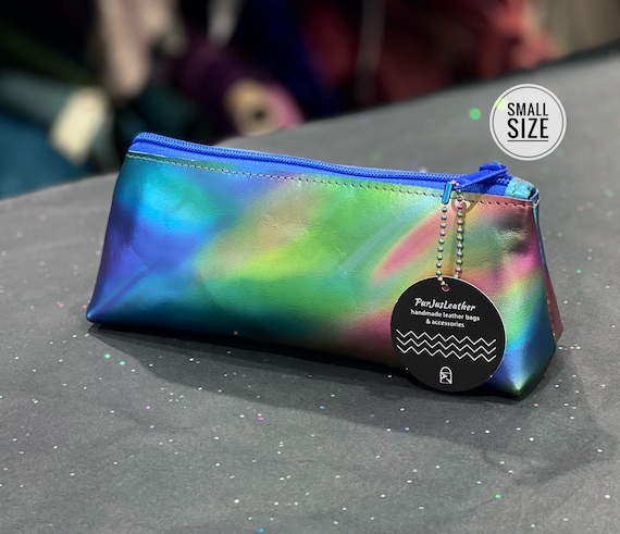 Metallic Rainbow prismatic Leather makeup purse leather gift, lined, cosmetic bag, size options, birthday gift Premium European leather Xmas