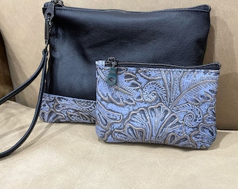 Black and Lavender embossed Wristlet, clutch, purple tooled leather purse, Lining wristlet, slip pocket, wristlet strap, hardware options